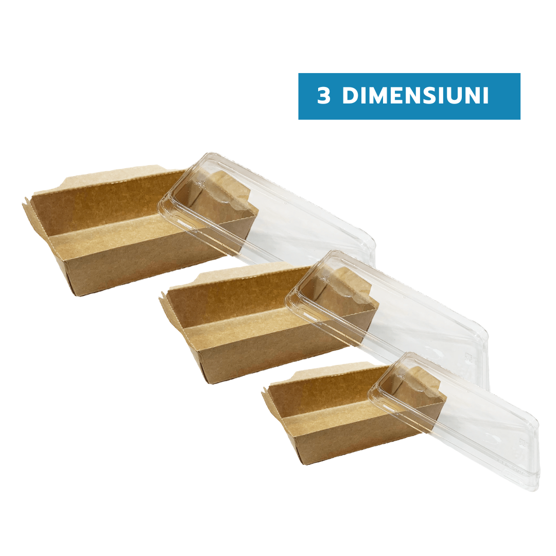 Cutii carton laminate kraft catering DIVERSE MARIMI, cu capac transparent, 50 buc/set